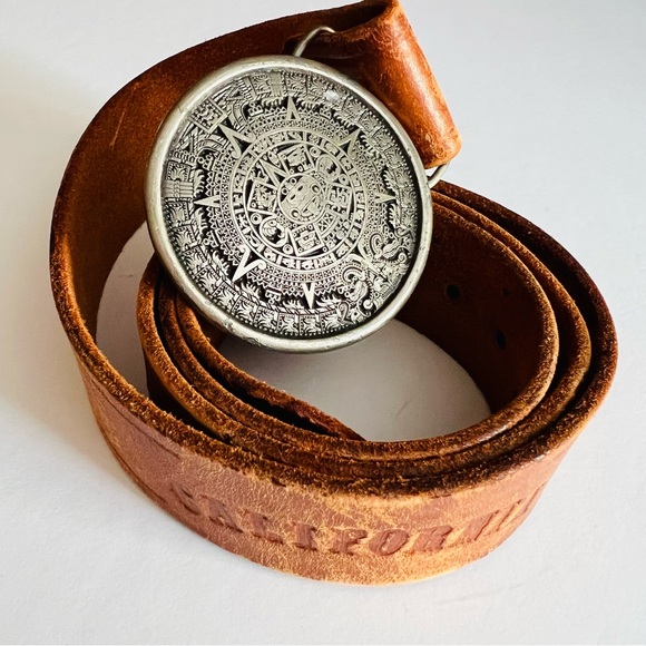 Vintage 1976 Indiana Metal Craft Belt – Aztec Calendar Buckle & Tooled Leather - Picture 1 of 12